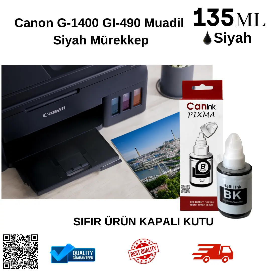 Canon Pixma G1400  Siyah Muadil Mürekkep Kartus GI-490 bk 135 ml