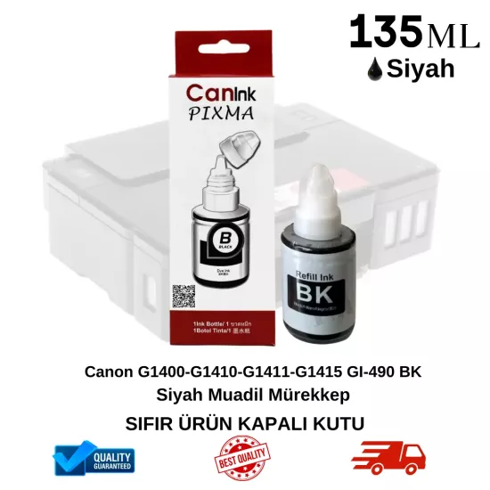 Canon Pixma G1400 GI-490 BK Siyah Maudil Mürekkep Kartuş 135 ml | Uygun Fiyatlı Mürekkep | MegaTank Yazıcılar